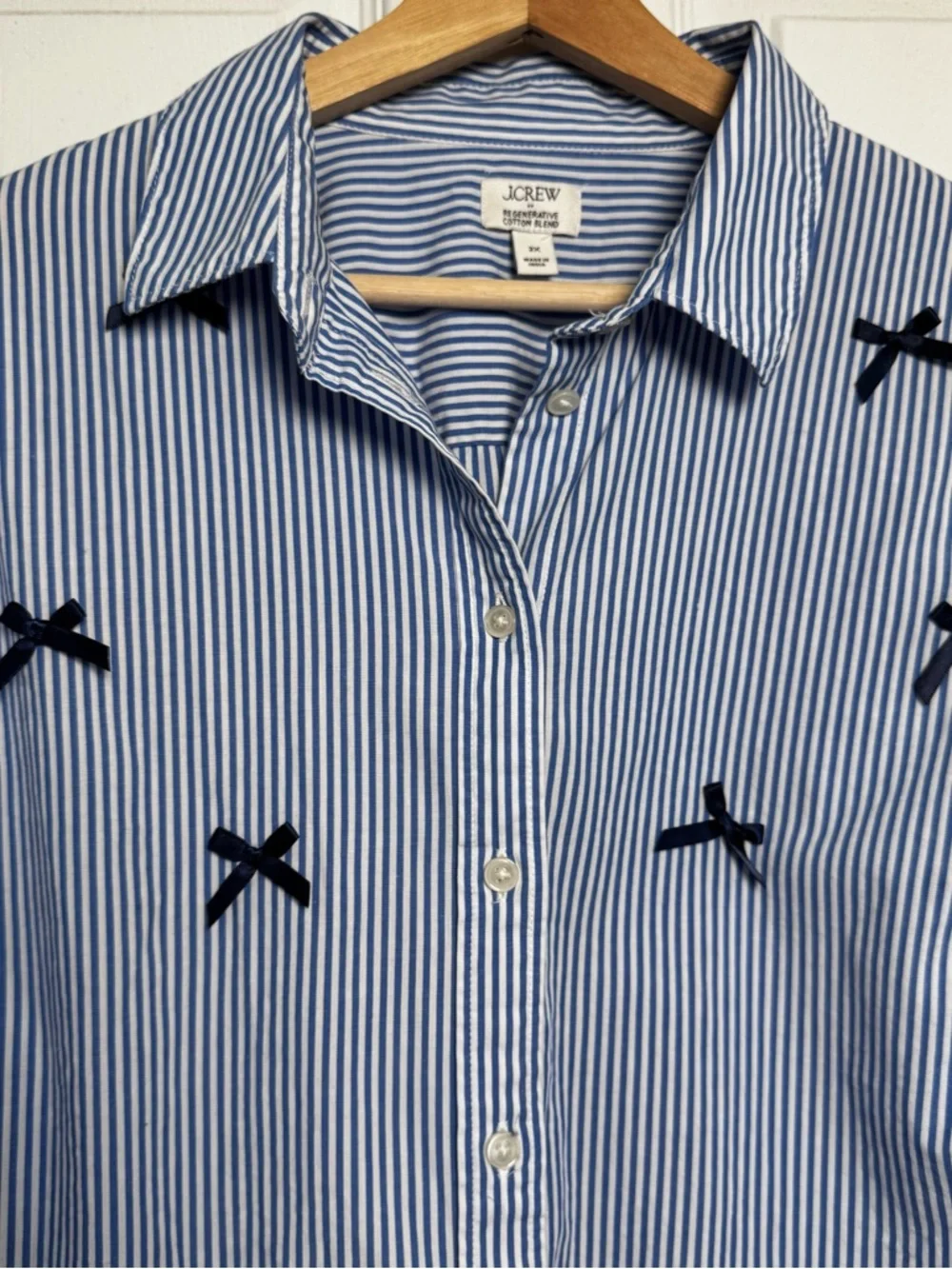 J.Crew Blue Stripe Bow Embellished Button Down Shirt Size 2X Cotton Stretch NWOT - Picture 4 of 12